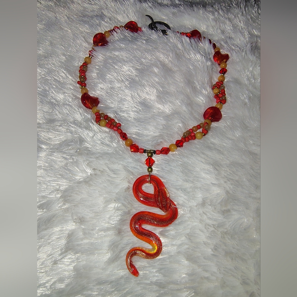 Artistian Hand Crafted Red Glass Snake Pendant Necklace_ Brass Snake Clasp/ Info